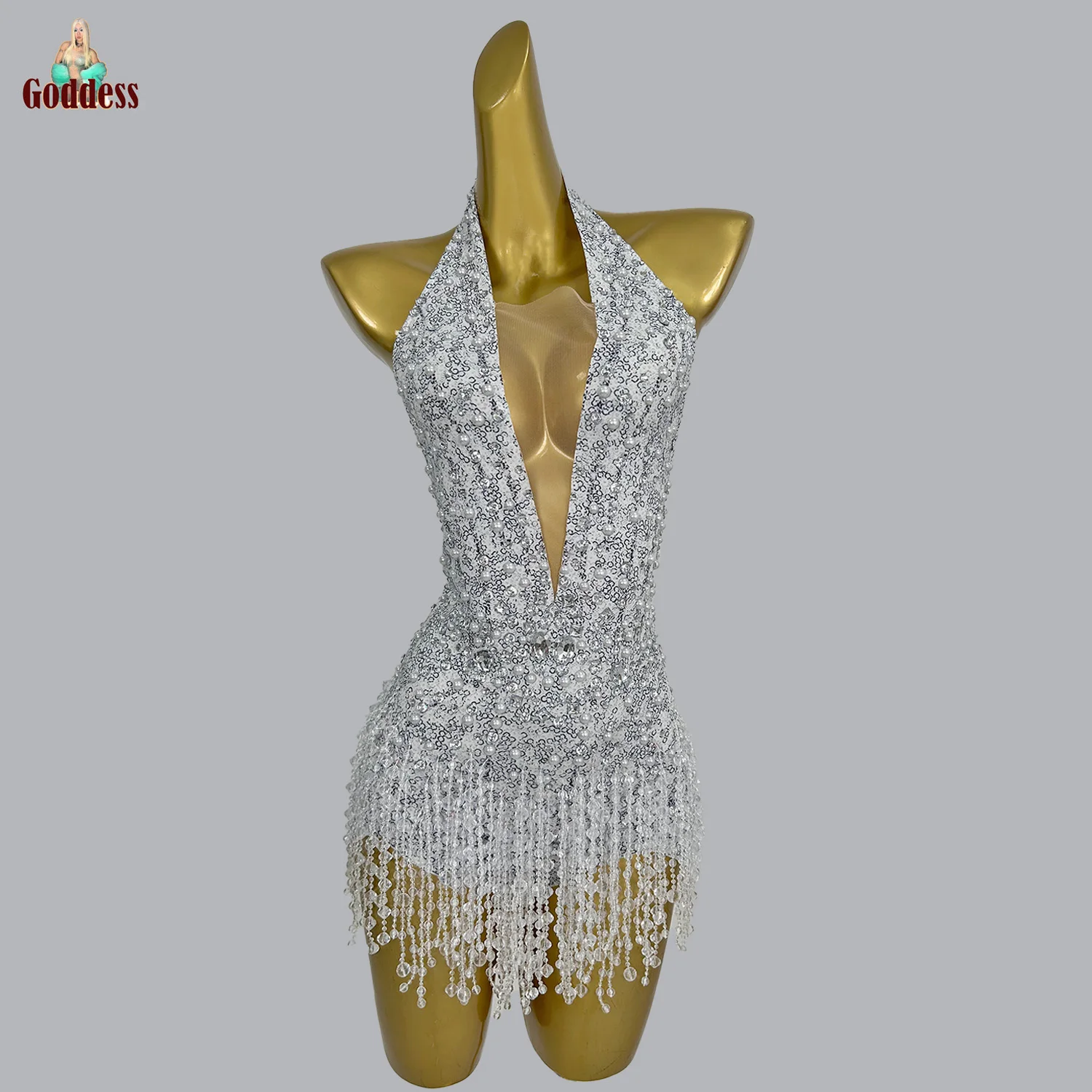 

Sexy Lady Sparkly Rhinestone Pearls Leotard Beading Tassel Sexy Halter Neck Backless Bodysuit Party Dance Nightclub Show Costume