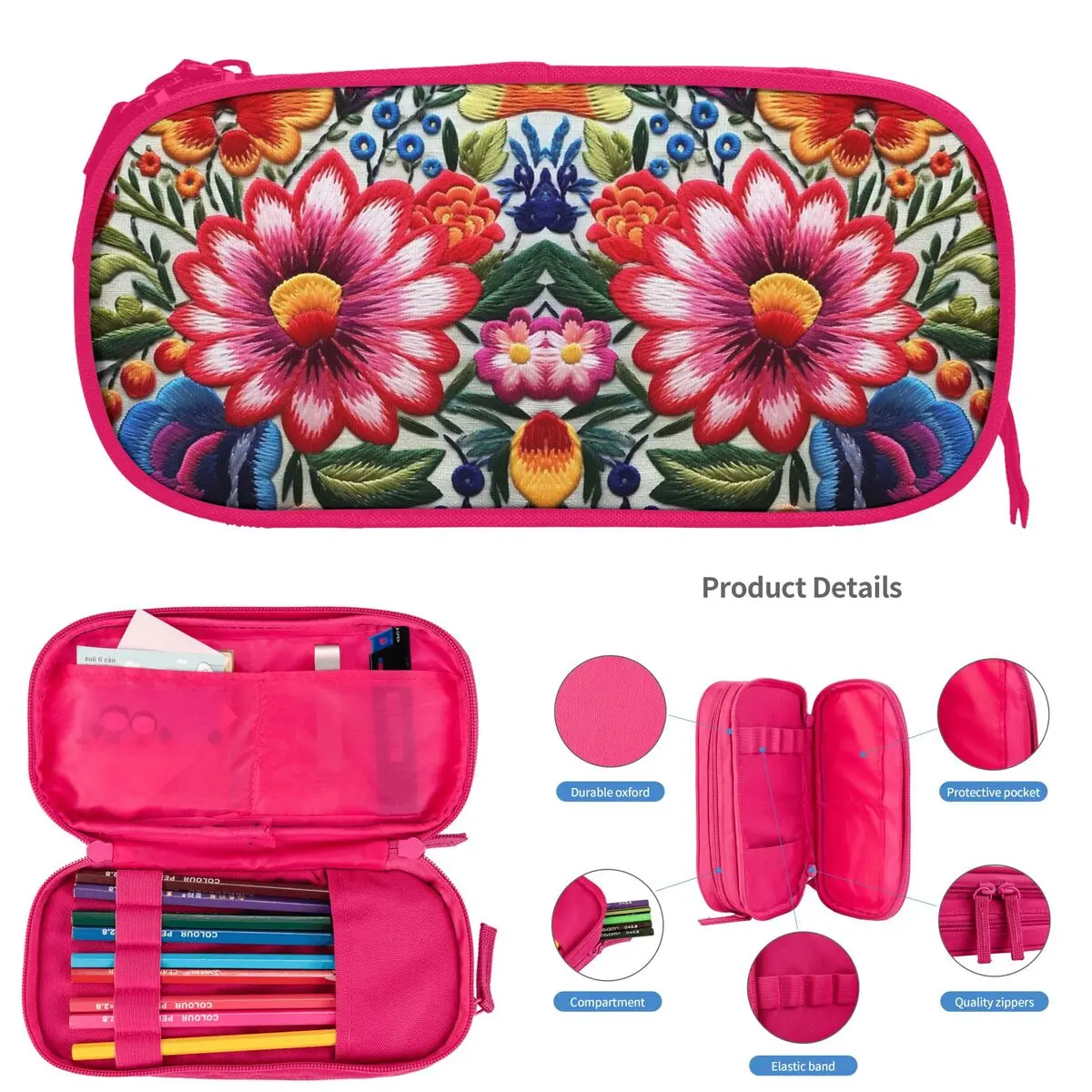 الملونة المكسيكية الأزهار التطريز مقلمة للطلاب مدرسة صندوق القلم حقيبة أقلام رصاص تخزين كبير قلم رصاص الحقيبة حامل قلم
