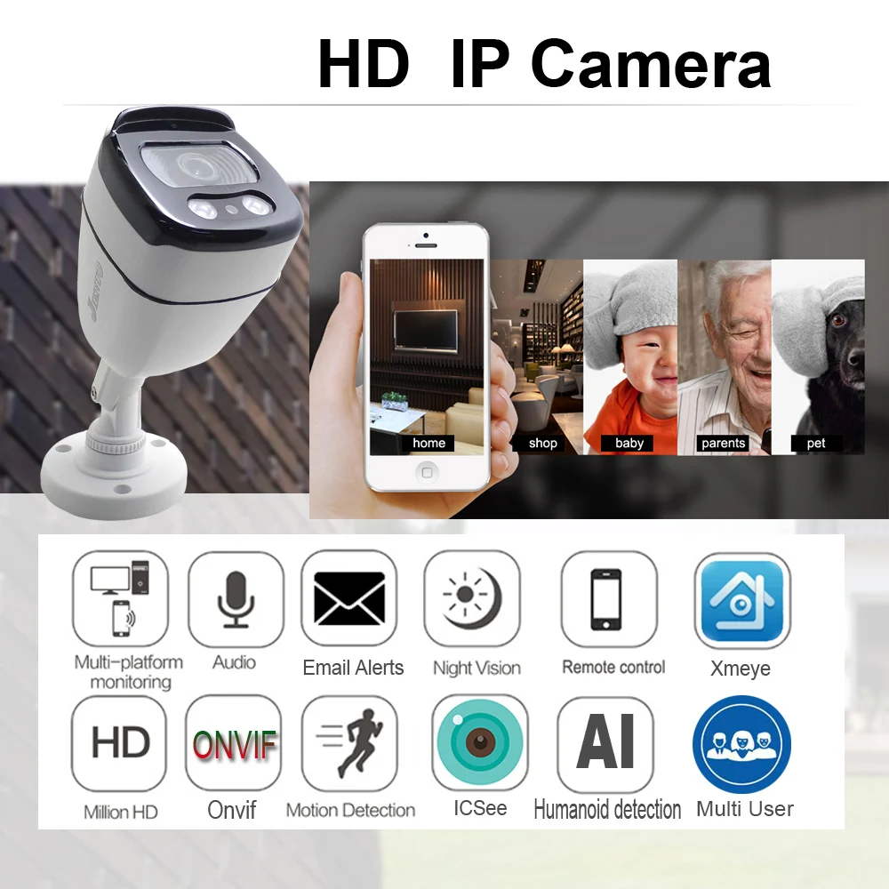 JIENUO 5MP POE IP กล้อง HD กล้องวงจรปิดความปลอดภัยการเฝ้าระวังอินฟราเรดสมาร์ทวิดีโอกลางแจ้งกันน้ำ IPCam ICsee XMeye ในร่ม Home Cam