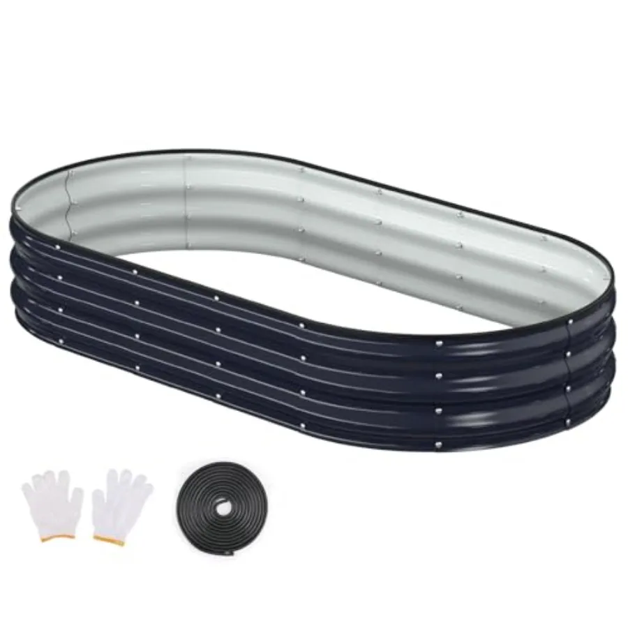 

Raised Garden Bed, Galvanized Outdoor Planter Beds with Safety Edging and Gloves, Oval Metal Planter Box for Gardening Vegetabl