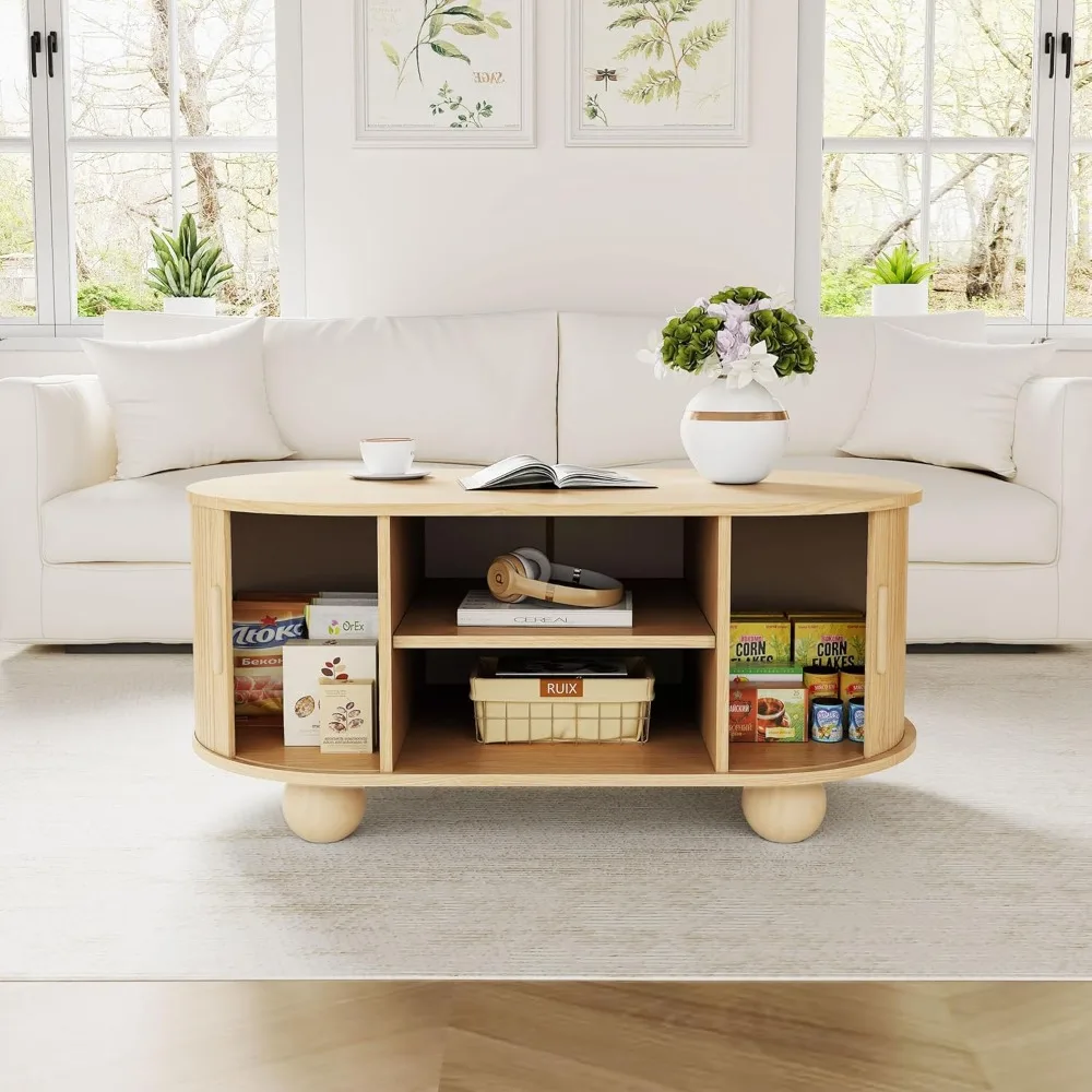 طاولة قهوة مستطيلة، طاولات قهوة مخددة لغرفة المعيشة، طاولة مركزية لطاولة القهوة في منتصف القرن مع مساحة تخزين وأبواب منزلقة