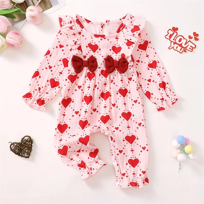 

0-18 Months Baby Girls Valentine's Day Jumpsuit Long Sleeve O Neck Heart Print Bow Decor Rompers