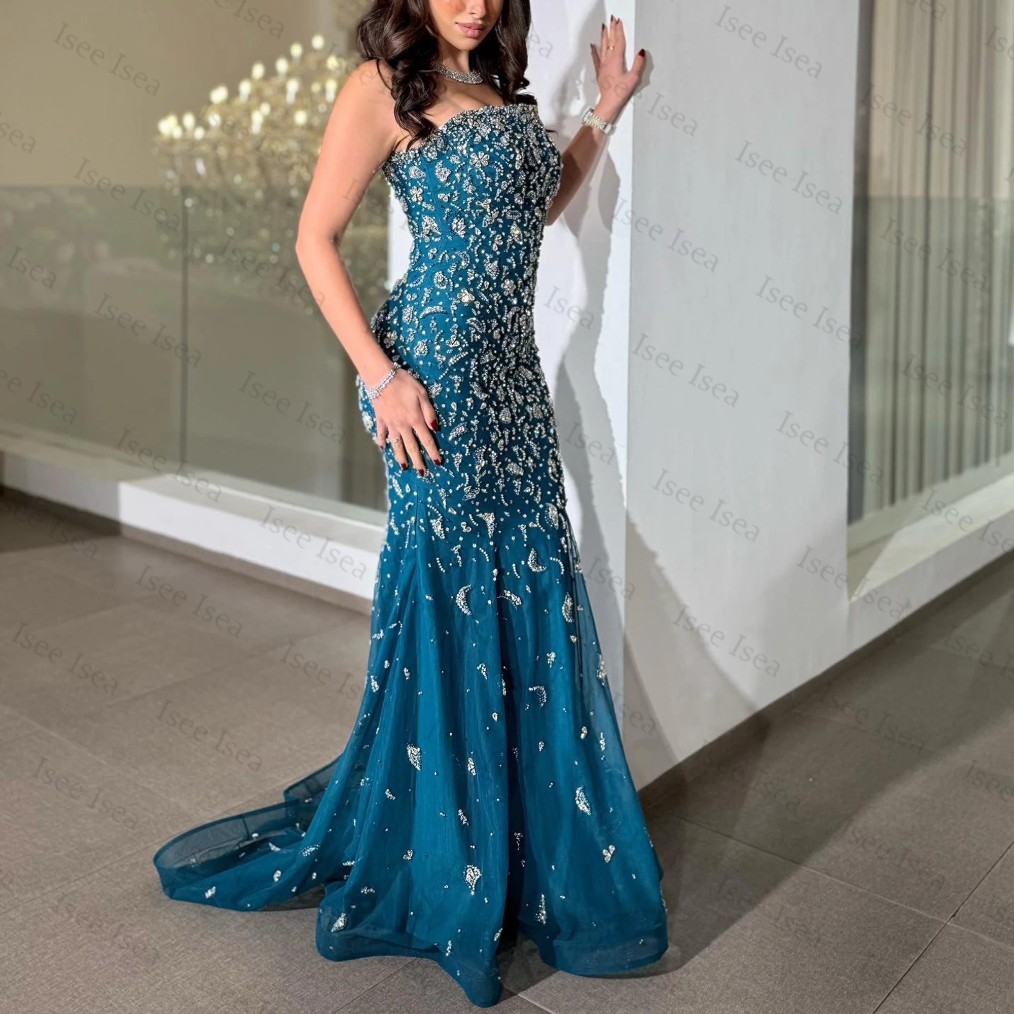 

Customized Blue Strapless Evening Dresses with Shawl Luxurious Crystal Mermaid فساتين سهرة Formal Dress Sweep Train