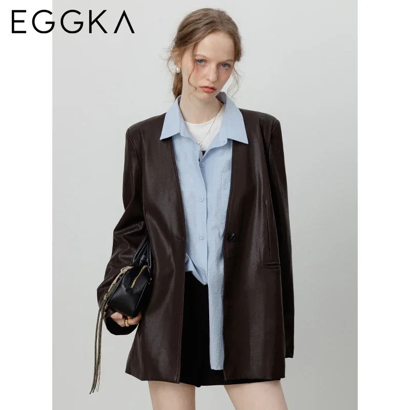 EGGKA Single Button V-neck Leather Jacket Loose PU Leather Jacket with Ribbon Women's Autumn Winter Retro Fashion Jacket Brown