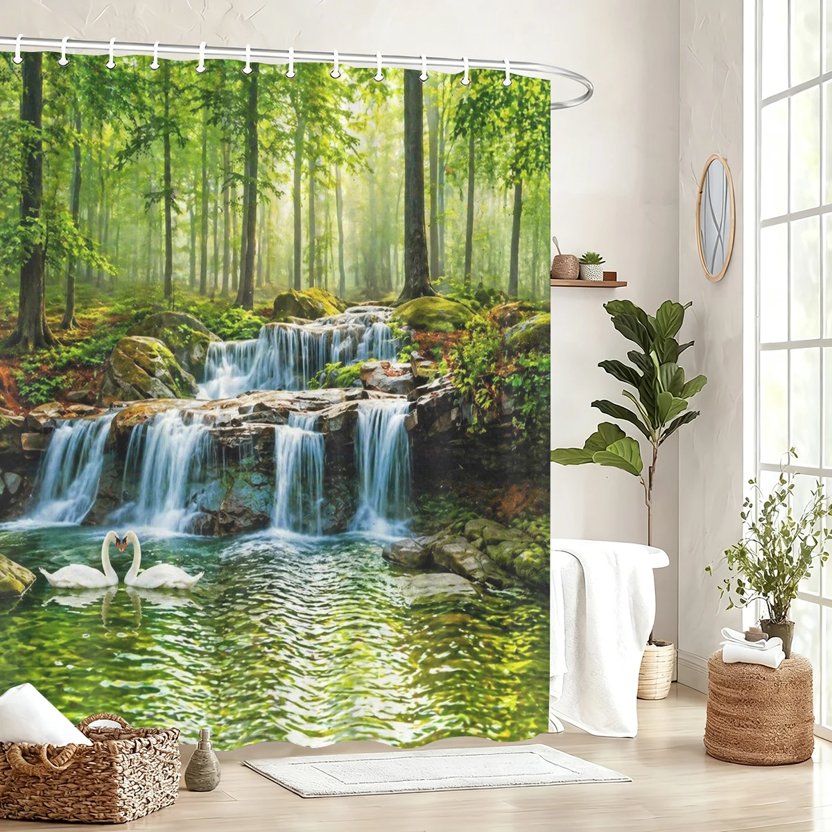 Nature Landscape Printed Polyester Bathtub Curtain - Scenic Forest Waterfall & Bamboo Themed Bathroom Decorative Curtain