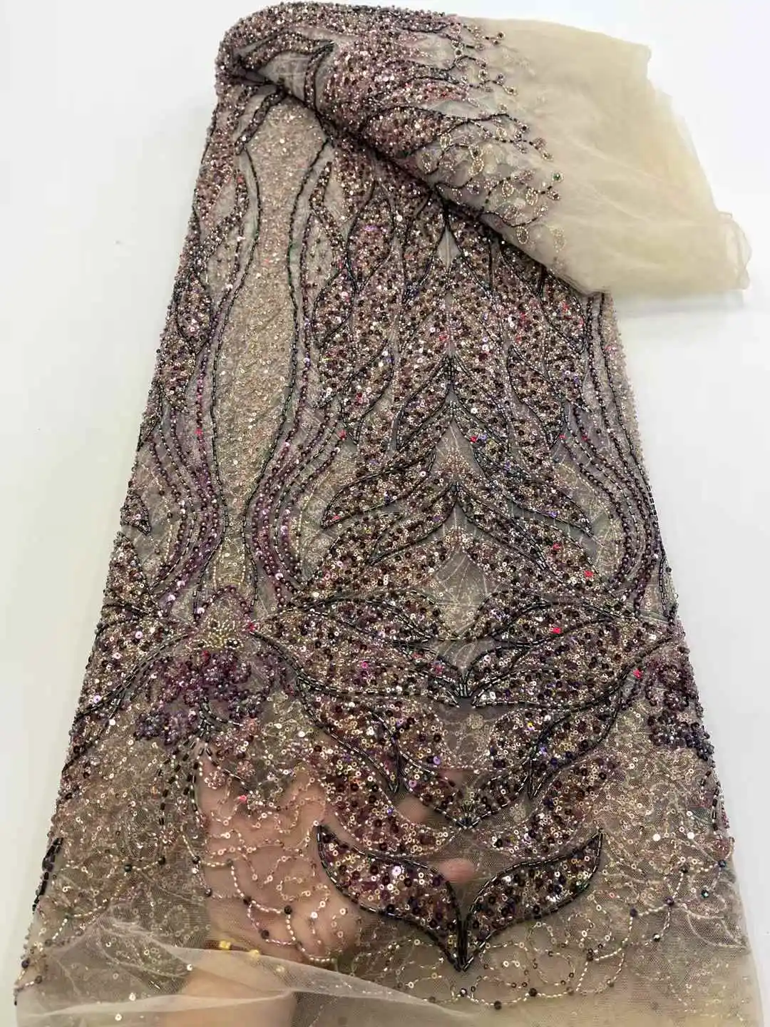 2025 African French Nigerian High End Tulle Lace Fabric Embroiderg Mesh With Beads Sequins for Wedding Party Bride Sewing Dress