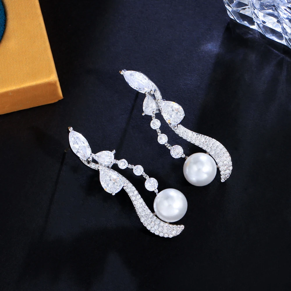 BeaQueen Wonderful Long Water Drop Cubic Zircon Dangle Pearl Symmetrical Earrings for Women Statement Wedding Jewelry Gifts E636