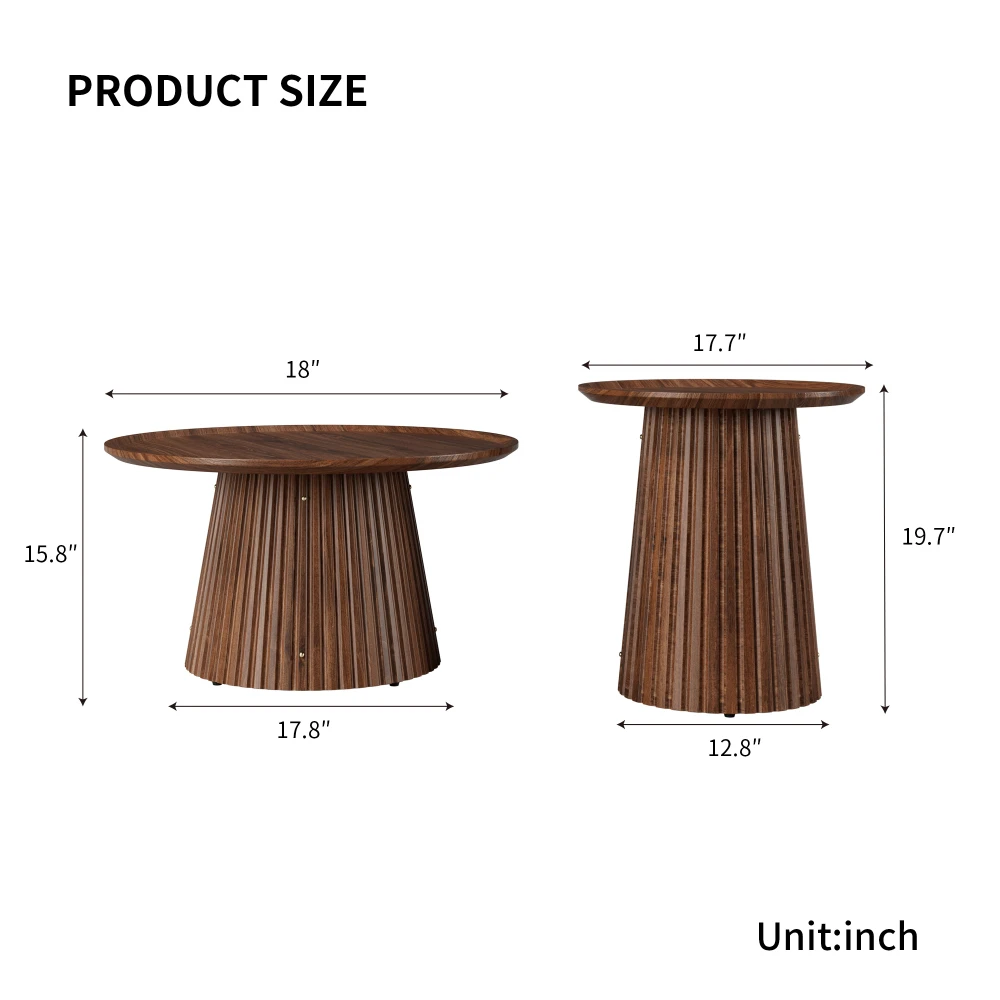 This Multi-functional Round Coffee Table Set Includes A Large and A Small Wooden Center/side Table The Flexible Arrangement Creates A Sense OfDepth and Visual Interest The Finely Textured Modern Walnut Veneer Makes It Suitable for Living Rooms and Offices
