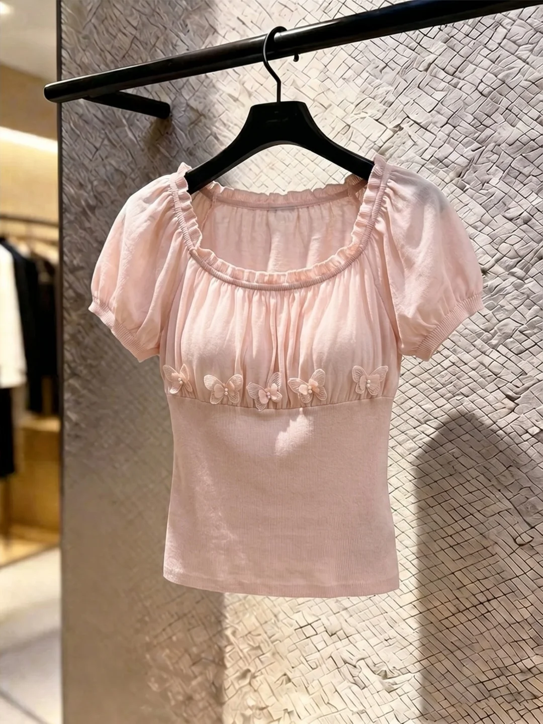 

Korean Style Slim Fit Short Sleeve Chiffon Top Women's Summer Design Sense Sexy Floral Lace Light Weight Square Collar Blouse