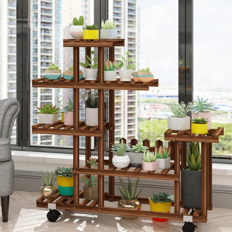 Balcony Flower Rack Multi-Layer Indoor Space Saving Floor-Standing Decorations Storage Rack Living Room Solid Wood Design