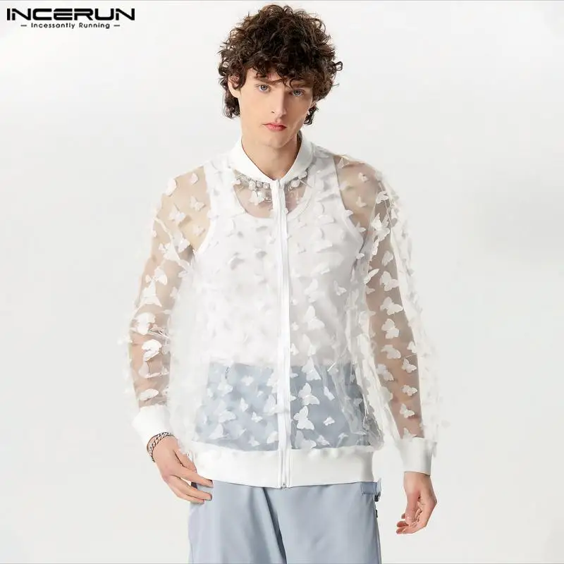 Men Shirt Mesh Patchwork Transparent Long Sleeve Zipper Men Clothing Streetwear Sexy 2024 Fashion Party Casual Shirts INCERUN