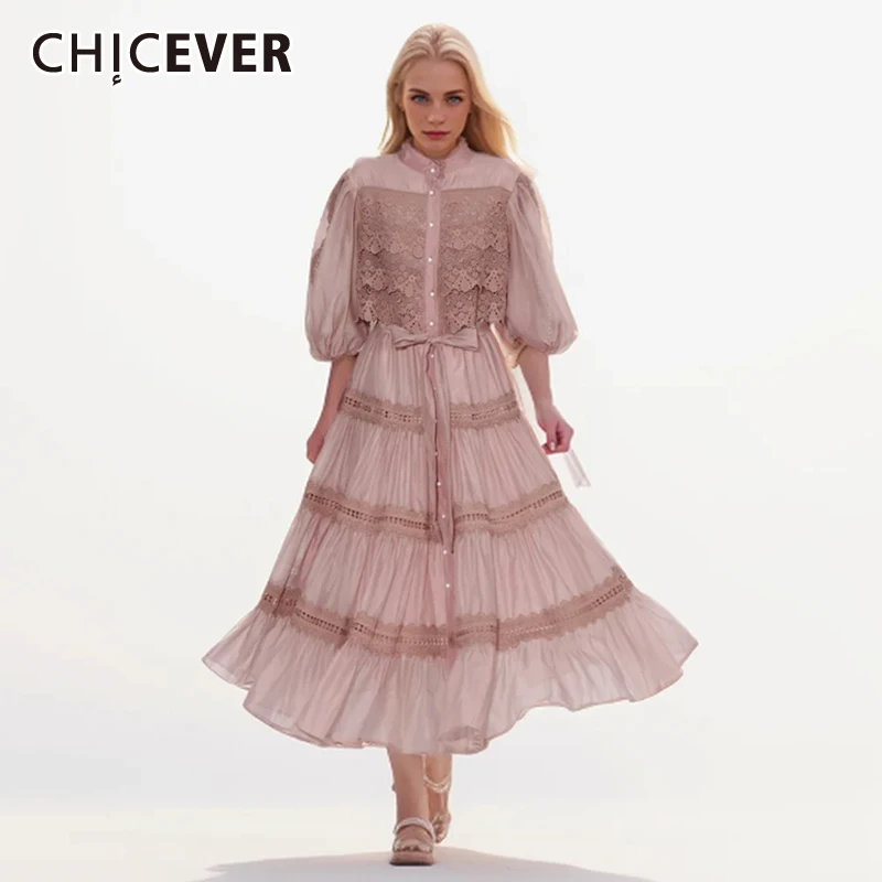 CHICEVER Solid Embroidery Dresses For Women O Neck Short Sleeve High Waist Single Breasted Spliced Lace Up Elegant Dress Female