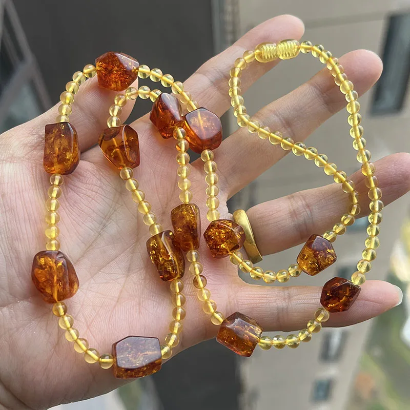 Yoowei 100% Natural Amber Necklace Floral Beads New Real Original Handmade Round Golden Baltic Amber Jewelry Unique Jewelry Gift