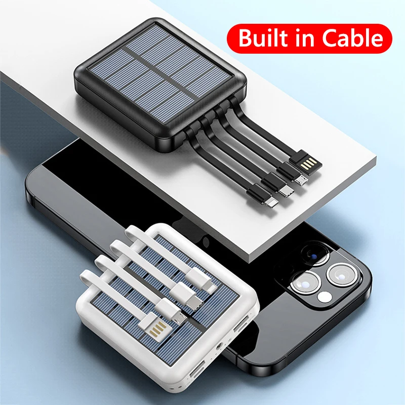 

Солнечная батарея 20000 мАч с кабелем, портативное зарядное устройство для быстрой зарядки, мини-Powerbank для iPhone, Xiaomi, Huawei, Samsung, аккумулятор