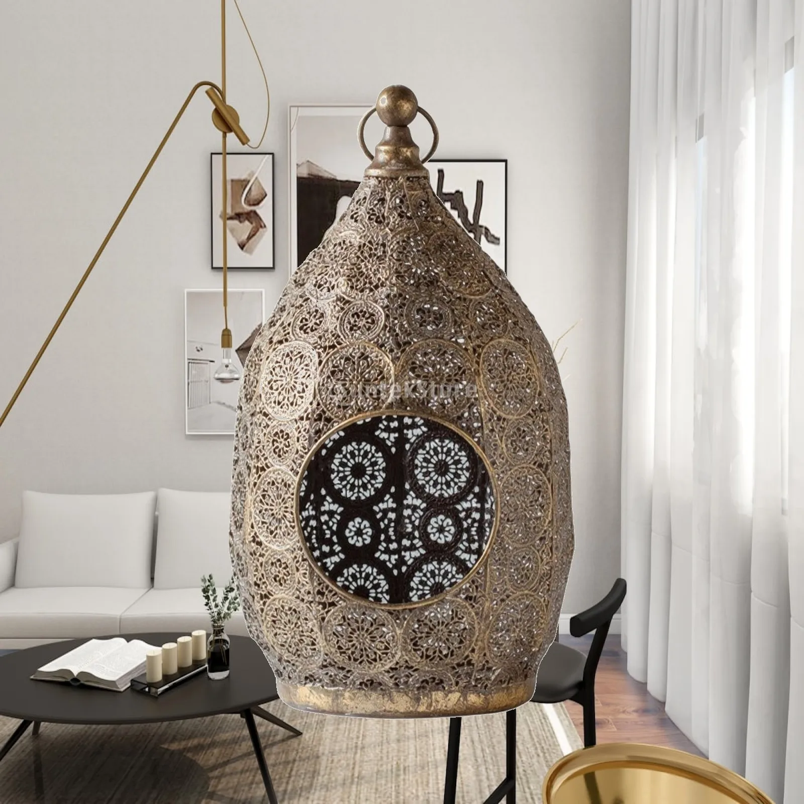 Egg-Shaped Candle Lantern with Finial Vintage-Inspired Openwork Candle Holder with Hanging Loop Freestanding Rustic