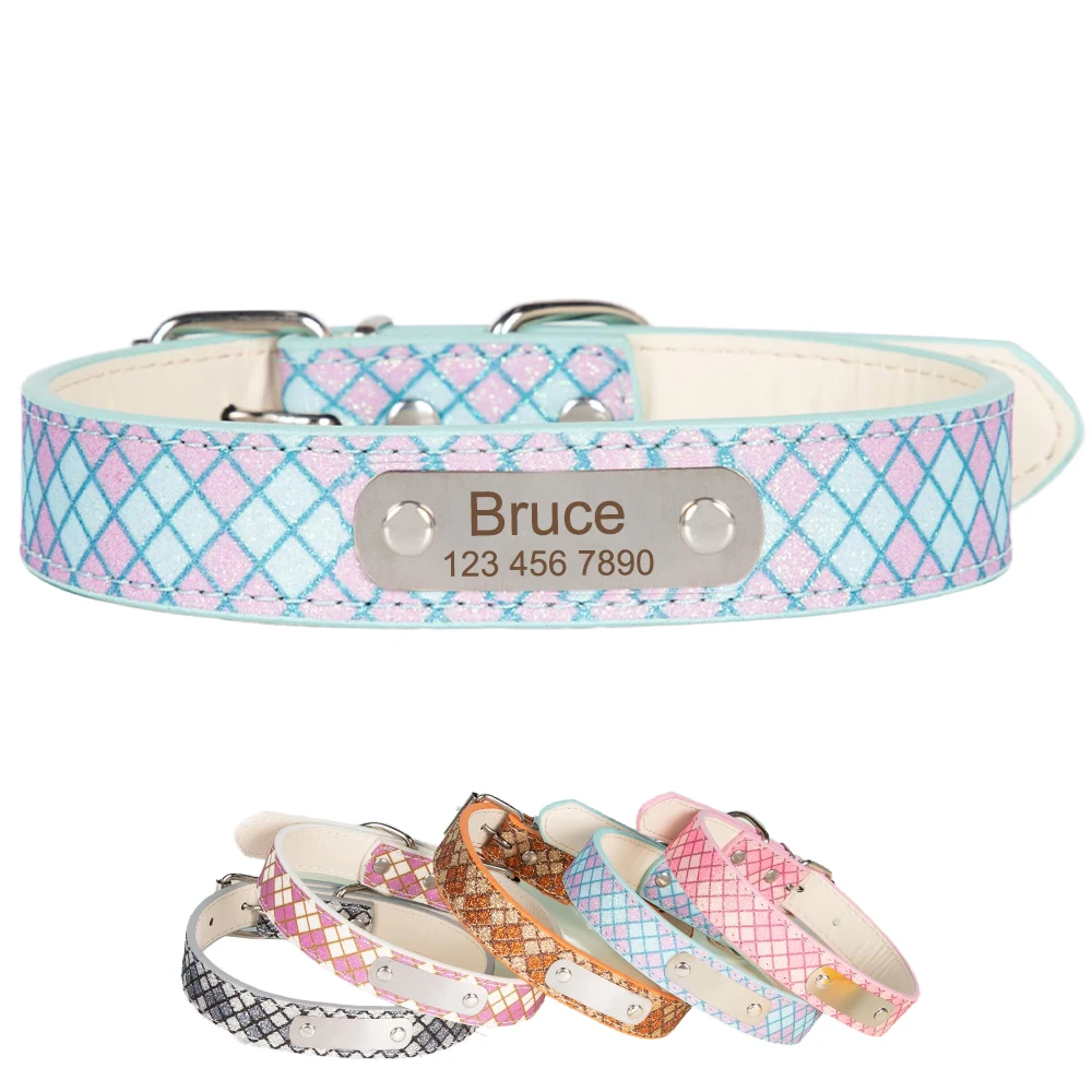 Customized ID Dog Collar Luxury Artificial Leather Shiny Sequin Plaid Pattern Collars for Small Big Dog Free Engraving Dogs Name