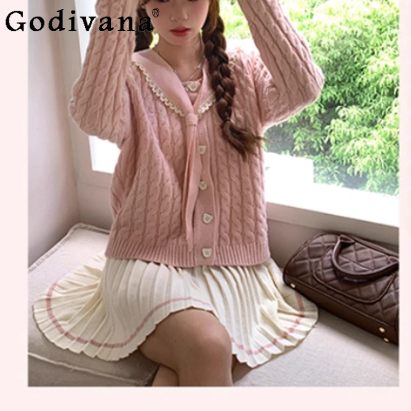 Autunno Inverno Moda Versatile Dolce Colletto Navy Maglione lavorato a maglia a maniche lunghe rosa Moda Donna Gonna a pieghe a trapezio a vita alta