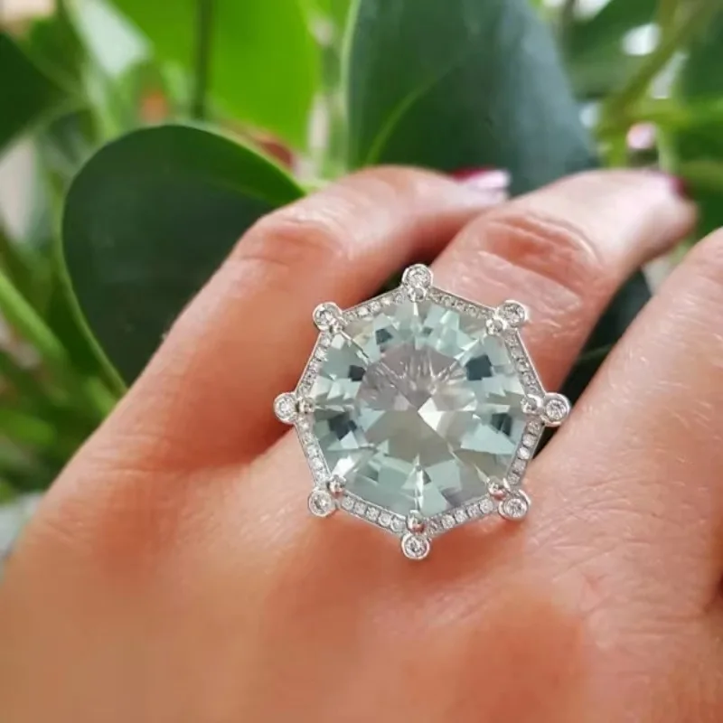 Anillos de piedra de cristal octagonal de circón verde claro para mujer, anillo de compromiso de Color plateado Vintage, regalos de joyería para boda