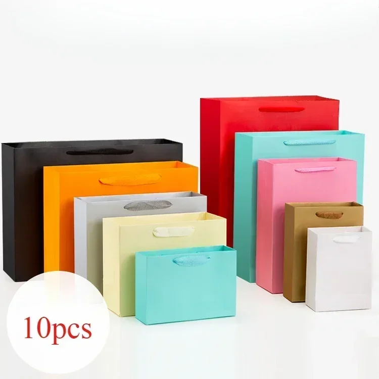 

10 Colored Hand-held Paper Bags Thick Tectorial Membrane Clothing Shopping Gift Bag White Cardboard and Cowhide Packaging Bag