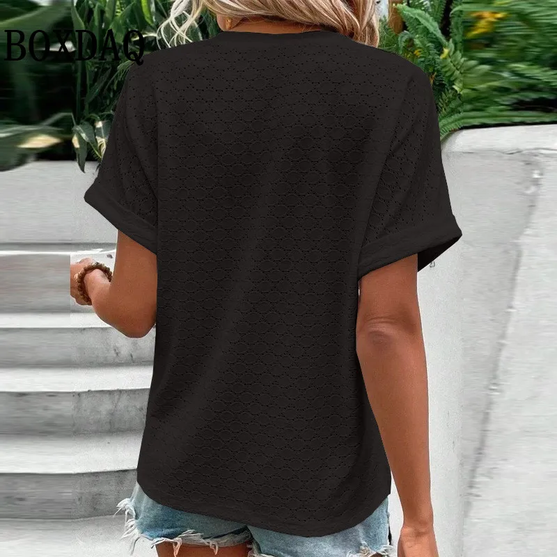 Women Summer Trendy Simple Casual Streetwear With Button T Shirt V Neck Short Sleeve Solid Loose Pullover Tops Y2K Ropa De Mujer