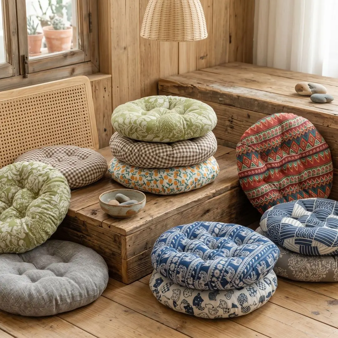Circular Floral Cushion 45x45cm Bohemian Style Thick Cotton Tatami Futon Home Sofa Office Chair Cushion Home Decoration