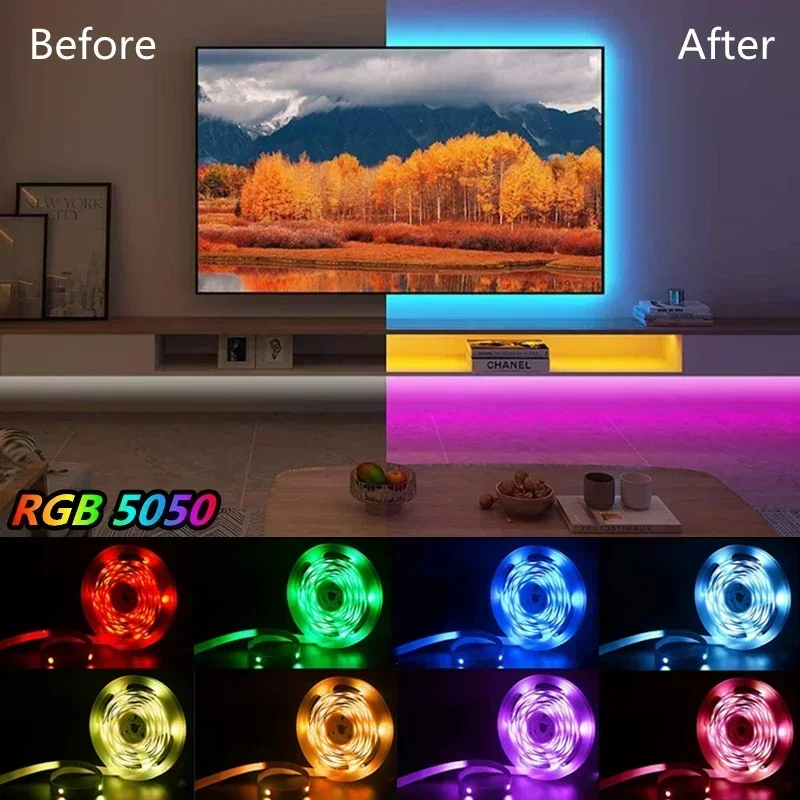 Pita LED Bluetooth, 1 m-30 M Strip LED Bluetooth 5050 DC5V RGB Strip WIFI 44Key USB lampu LED pita fleksibel garis RGB pita kontrol aplikasi