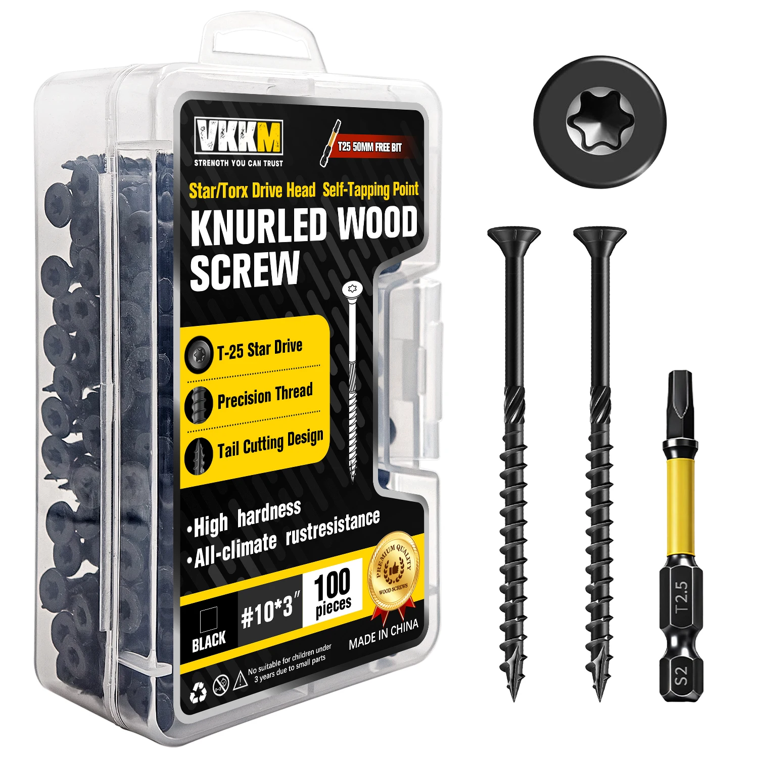 

100Pcs T25 Black Wood Screws #10x3", Self Tapping Star Drive Knurled Screws with 50mm Free Bit, Heavy Duty All-Climate Rust Resistant for Woodworking Deck DIY