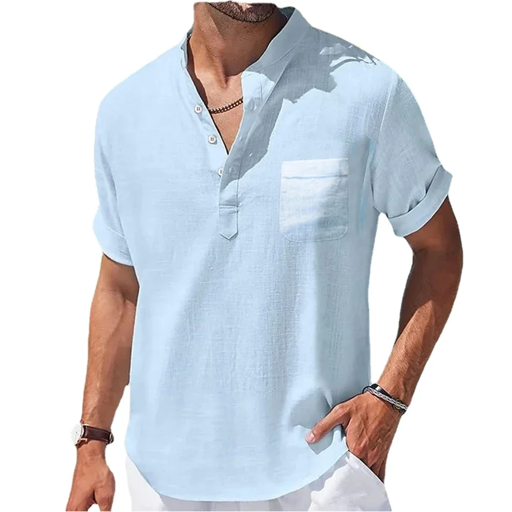 New Men\'s Casual Stand Up Collar Summer Solid Color Short Sleeve Linen Shirt Trendy Breathable Loose Youth Basic Pocket Top