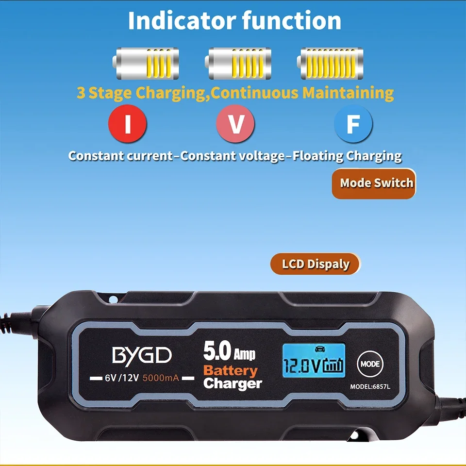 BYGD 6V/12V 5000mA Car Battery Charger Maintainer Smart Charger Car Trickle Charger for All Types Lead Acid Batteries