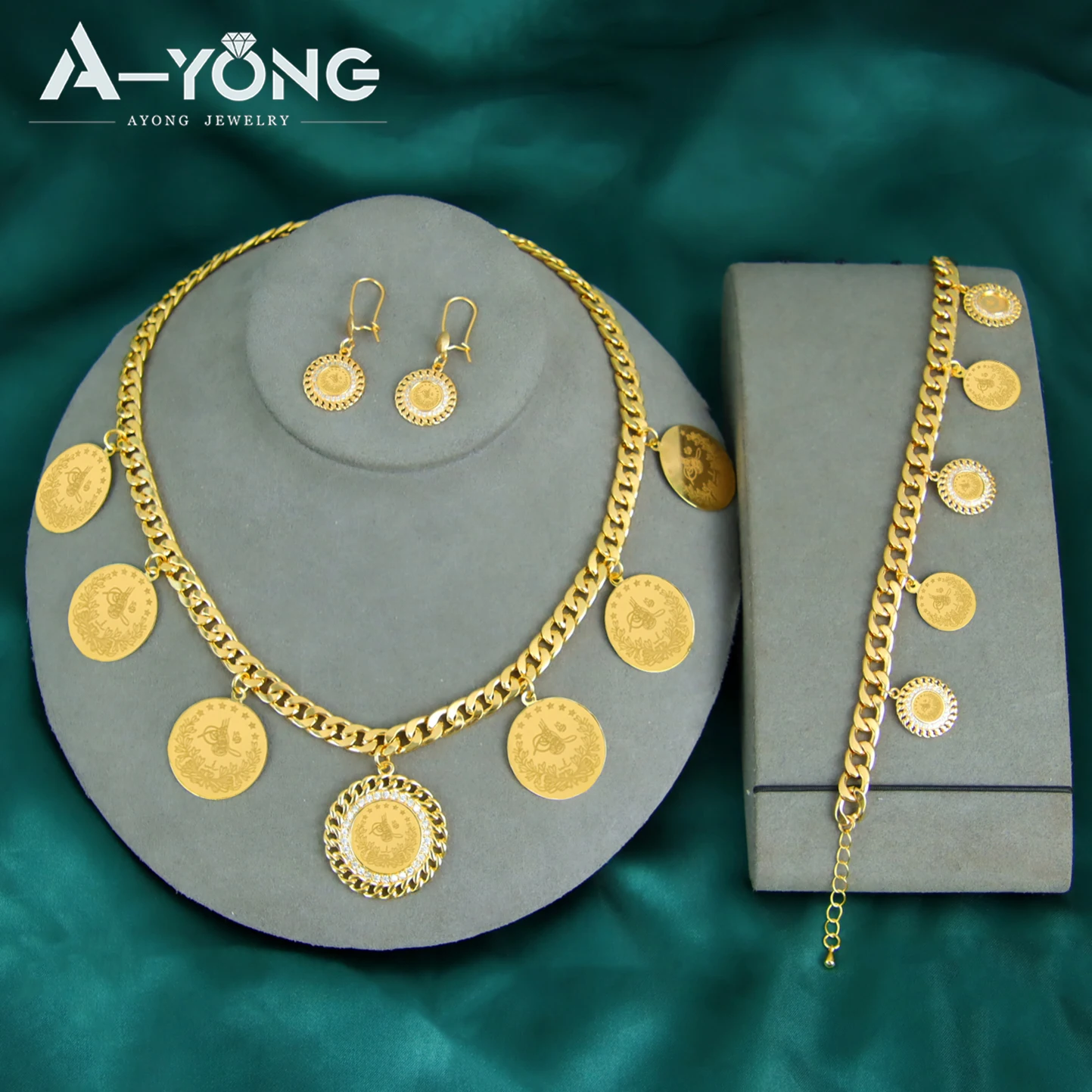 Turkish Fashion Coins Jewelry Set 24k Gold Plated Nigeria Bridal Wedding Necklace Bracelet Earrings Kurdish Ayatul Kursi Jewelry
