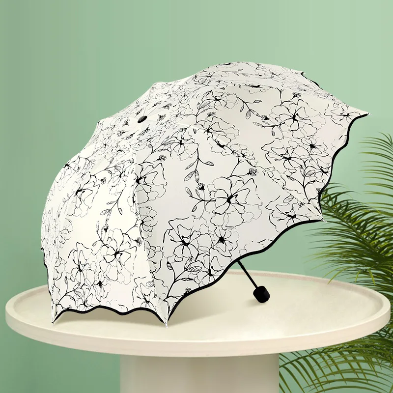 Kompakter Faltschirm für Damen, Anti-UV, schwarze Beschichtung, Hibiskus-Blumenmuster, Wellenkante, Sonnenschirm für Regen, Sonne, Reisen und Outdoor-Nutzung