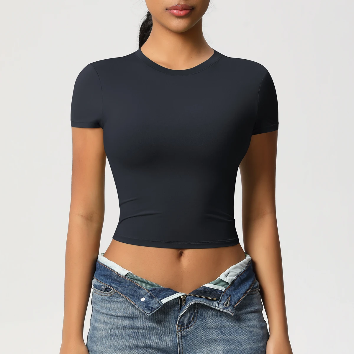 Frauen Sport Shirt Kurzarm Gym Top Workout Kleidung Hohe Elastische Active Wear Femme Lauf Zubehör Fitness T-shirt – Detail 14
