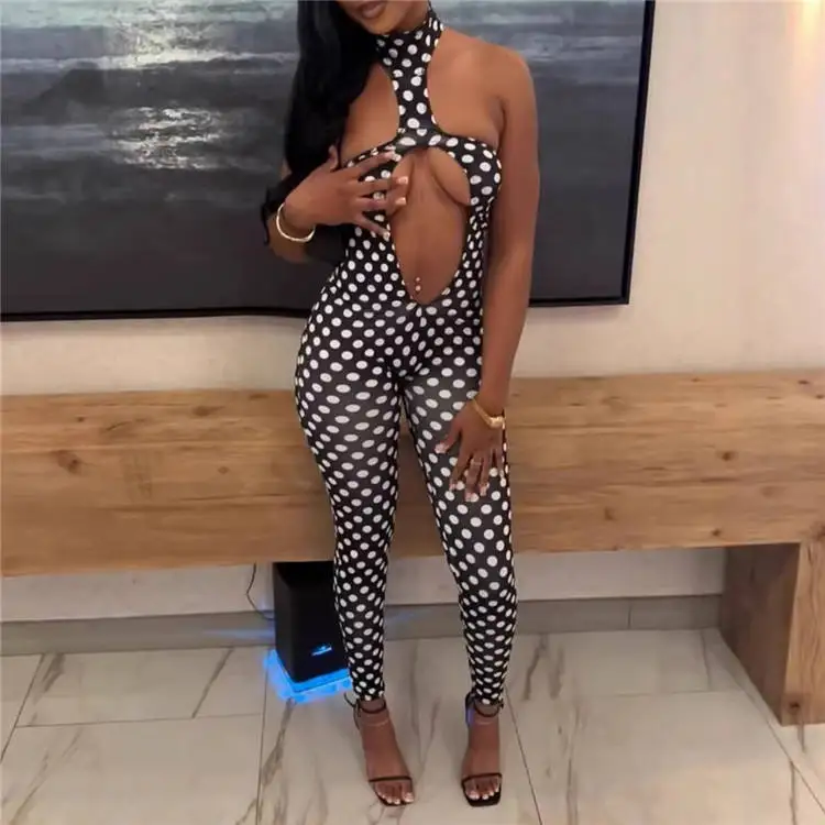 Polka-Dot-Print Jumpsuit für Damen, 1-teiliger Playsuit, Sexy Trendiger Rückenfreier Ärmelloser Neckholder-Romper mit Cut-Outs, Figurbetonter Coquette Midnight Club Einteiler – Detail 5