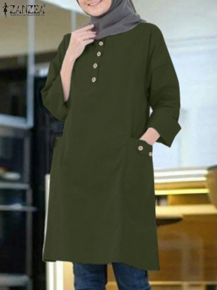 ZANZEA-Chemise musulmane Eid Mubarek pour femme, col rond, tunique à manches longues, chemise de soirée élégante, vêtements islamiques, mode