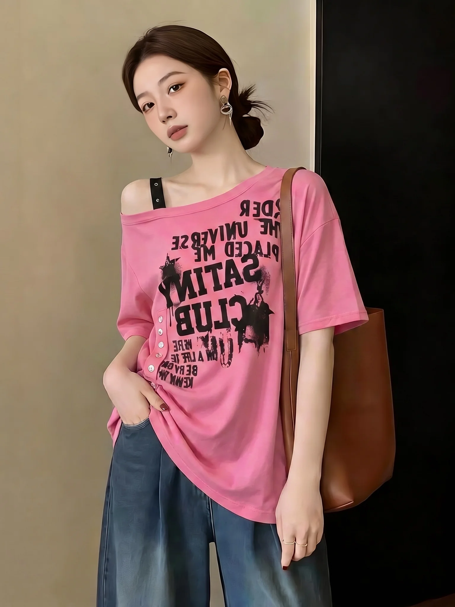 Unique Personality Pink T-Shirt Women's Short Sleeve Shoulder Bared Summer New Style plus Size Street Fashion Top Commute Wind