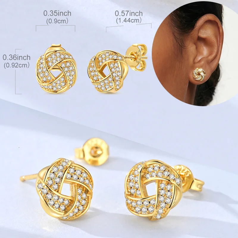 Pendientes de Botón de Plata de Ley 925 Originales con Nudo Trenzado Dorado Brillante y Circonita para Mujer, Regalo de Joyería para Fiesta de Compromiso, Boda