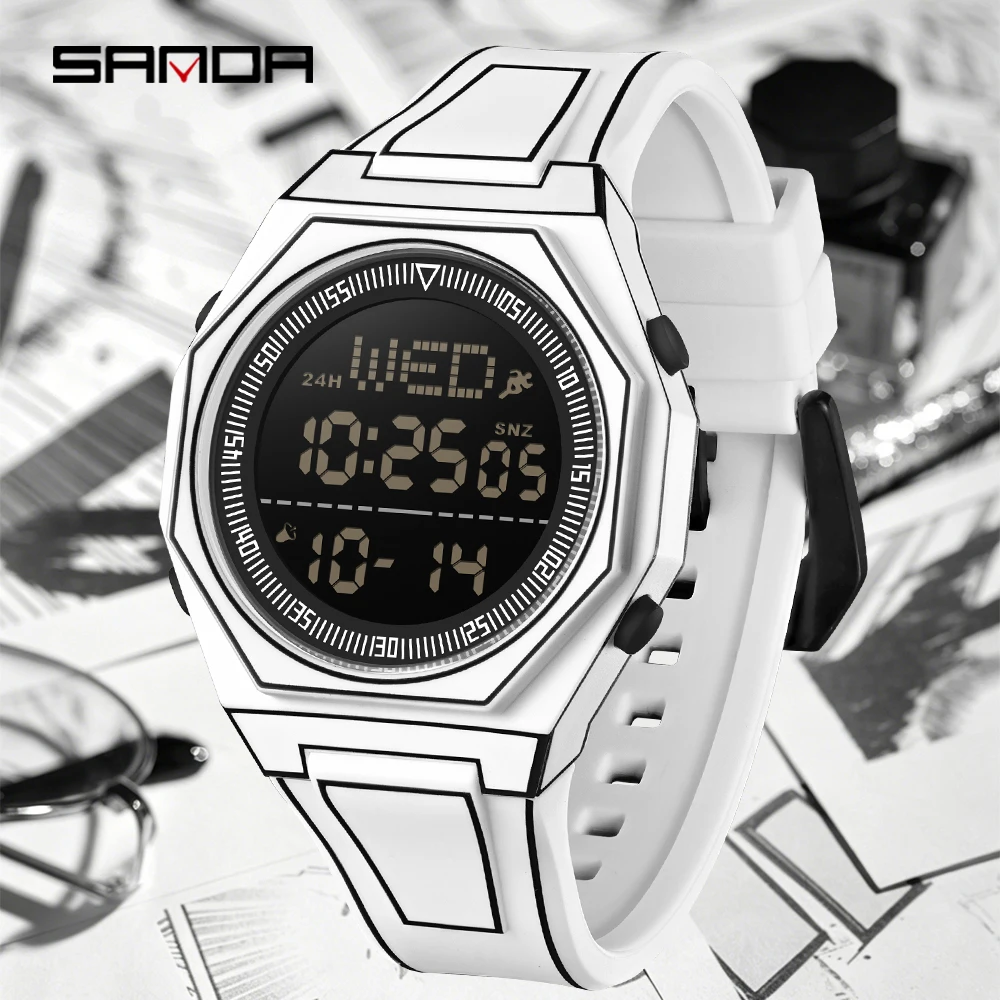 

SANDA 2026 Men's and Women's Sports Electronic Watch Multi functional 5ATM Waterproof Colorful Night Light Alarm Clock Timing