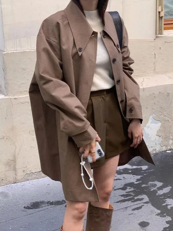 Retro Elegant Pointed Collar Brown Coat Women's Korean Style High Fashion Long Coat Spring Autumn Winter Casual Streetwear