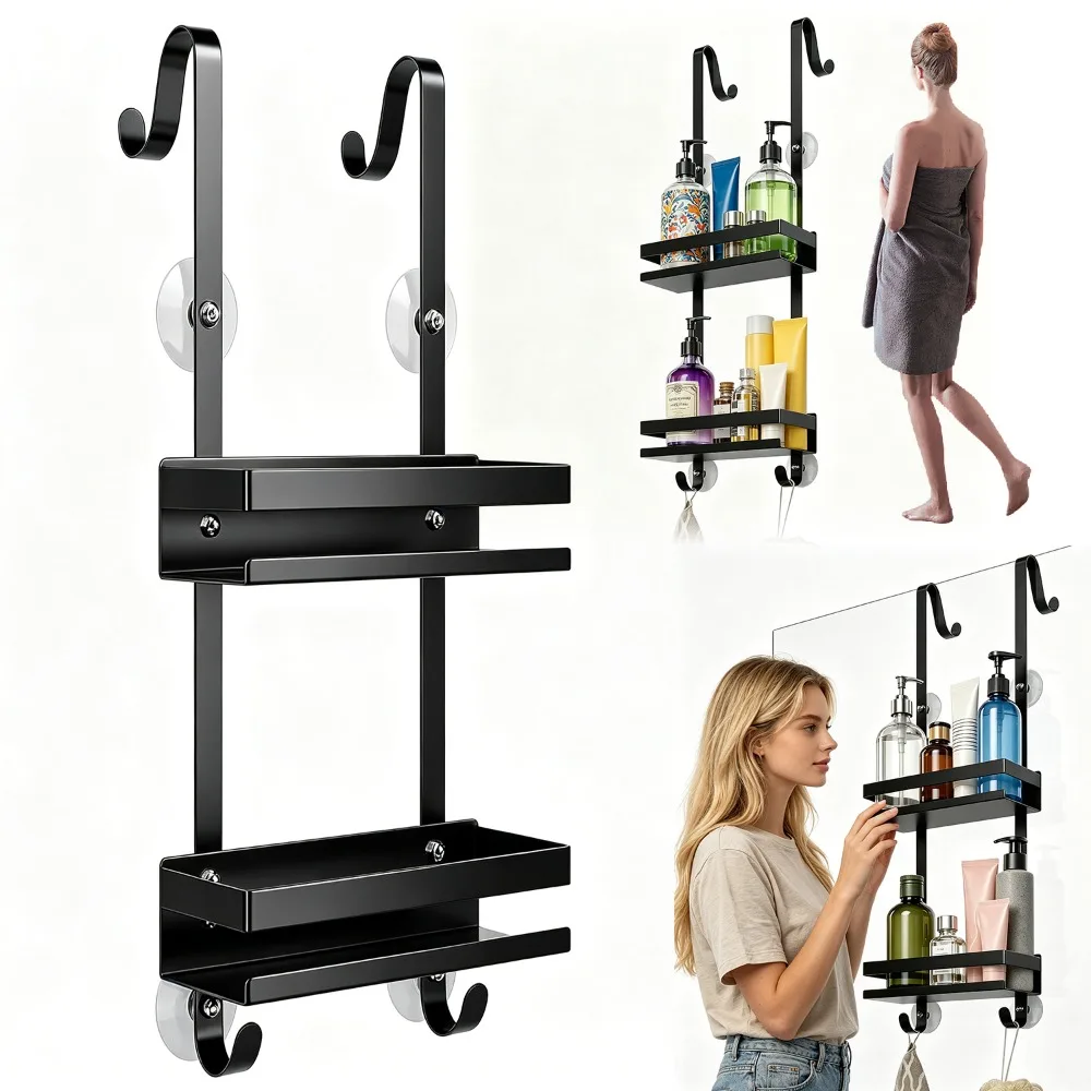 Étagère de douche derrière la porte, support de rangement de salle de bain noir antirouille, support de rangement à double couche, adapté pour la salle de bain et la cuisine des hôtels, étagères de 11,81 x 5,31 pouces, aucun perçage requis.
