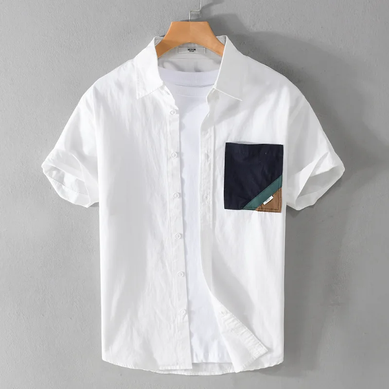 Sunshine Pure Patch Solid 100% Cotton Men's Shirts Business Blouses for Youth Man 2024 Summer Fashion Casual Male White Tops