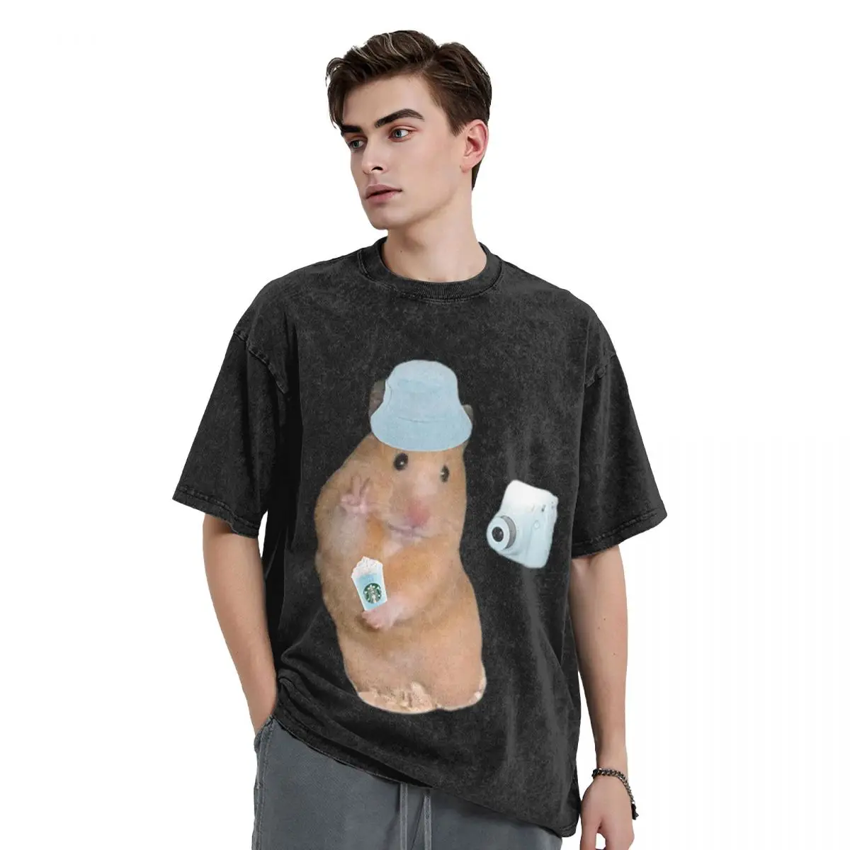 Peace Sign Hamster Meme With Camera Washed T Shirts Printed Short Sleeve Hip Hop T-Shirt Streetwear Tops Tees for Men Women