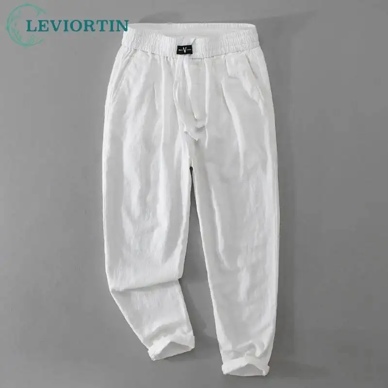 2025 Spring and summer men's fashion trend versatile youth simple drawstring linen breathable solid color loose casual pants