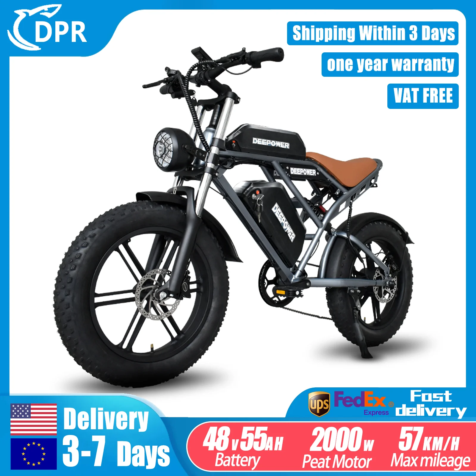 DEEPOWER S7 Electric Bicycle 2000W Motor Adults Electric 48V 55AH 20 Inch Fat Tire Electric Bikes Mountain Oil Brake For E Bikes