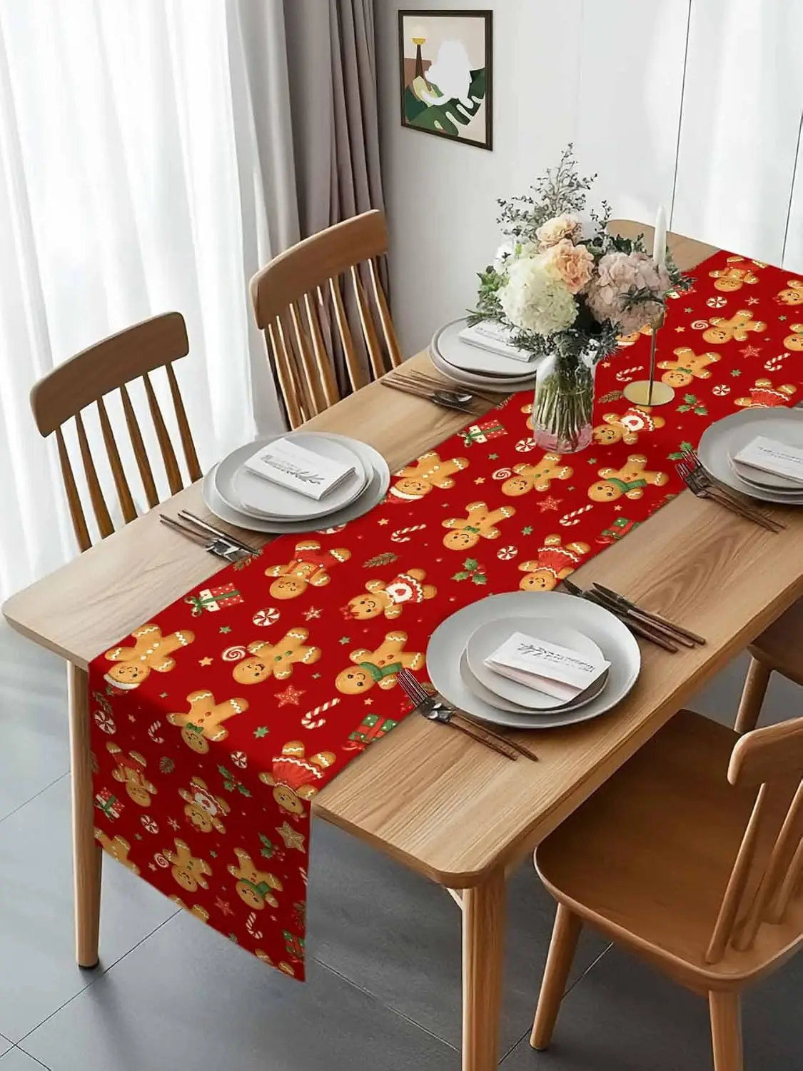 Christmas Gingerbread Man Candy Linen Table Runner Holiday Party Decor Reusable Kitchen Dining Table Runner Christmas Decoration