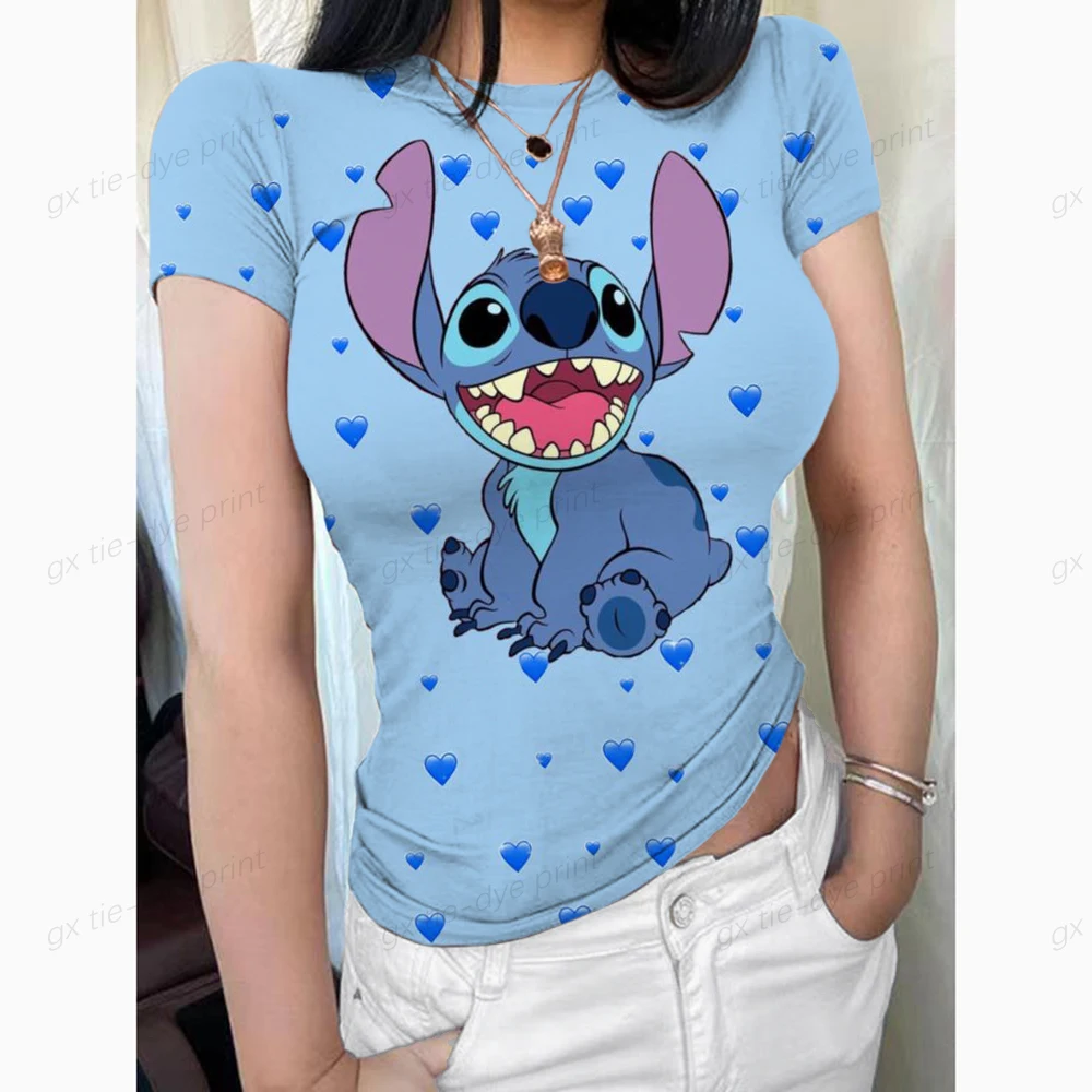 Women's Disney Lilo and Stitch 3D Printed T-shirt Tight Short Sleeve T-shirt Top Fashion Women's Beach Holiday T-shirt XS-3XL