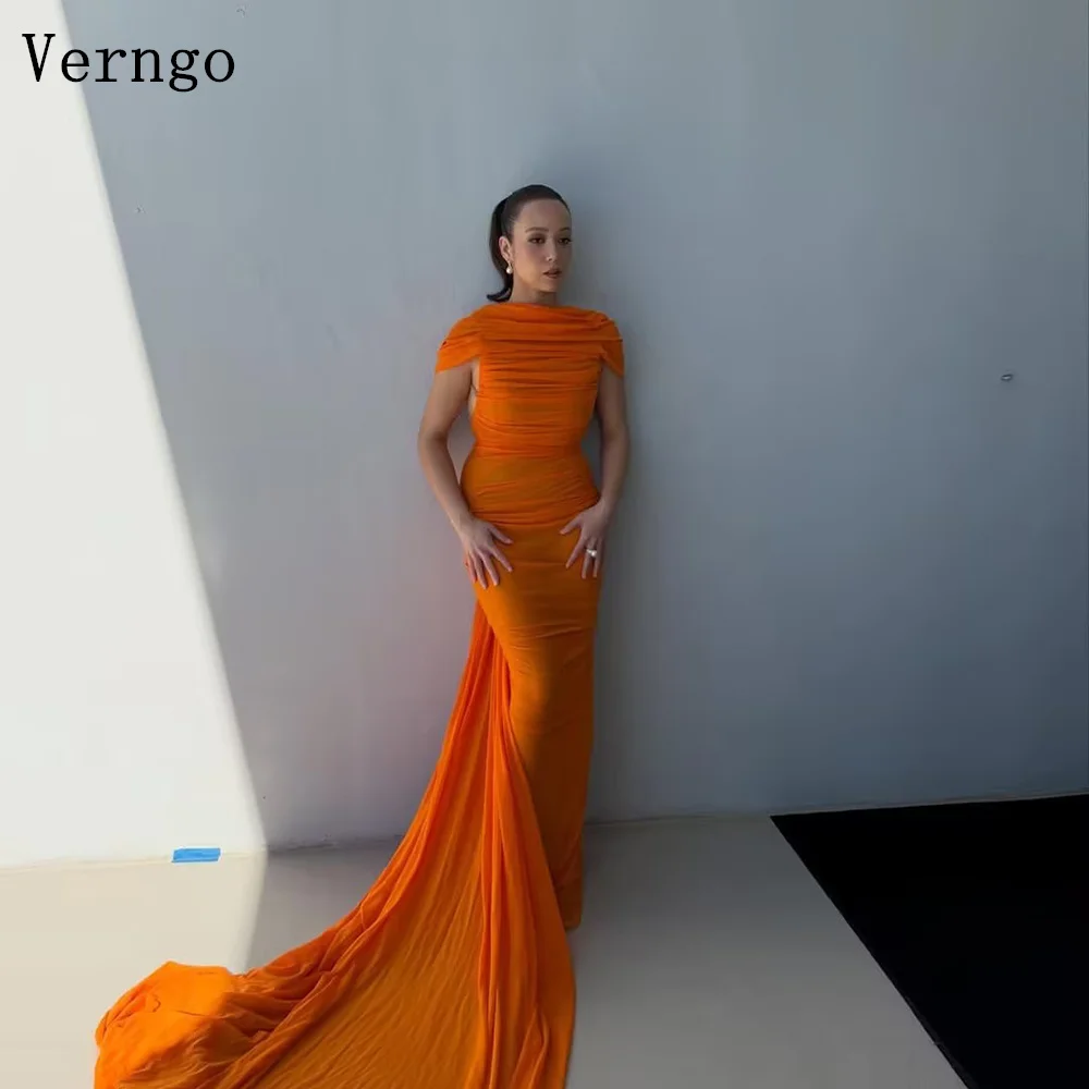 

Вечернее платье Verngo из оранжевого шифона, с круглым вырезом, без рукавов, силуэт «русалка», для торжественных случаев, со шлейфом, плиссированное, для выпускного вечера, на заказ