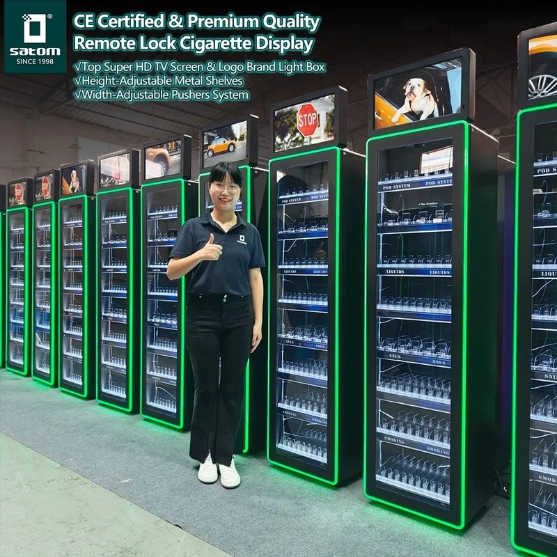 custom.Satom 50m Remote Control Display Rack Stand Cabinet Smoke Shop with LCD Screen and Adjustable Pushers