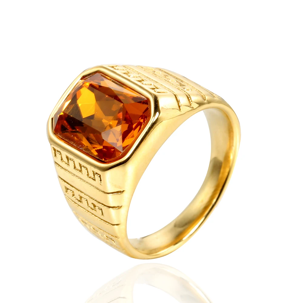 Fashionable pattern carving multicolored square gemstone diamond titanium steel ring