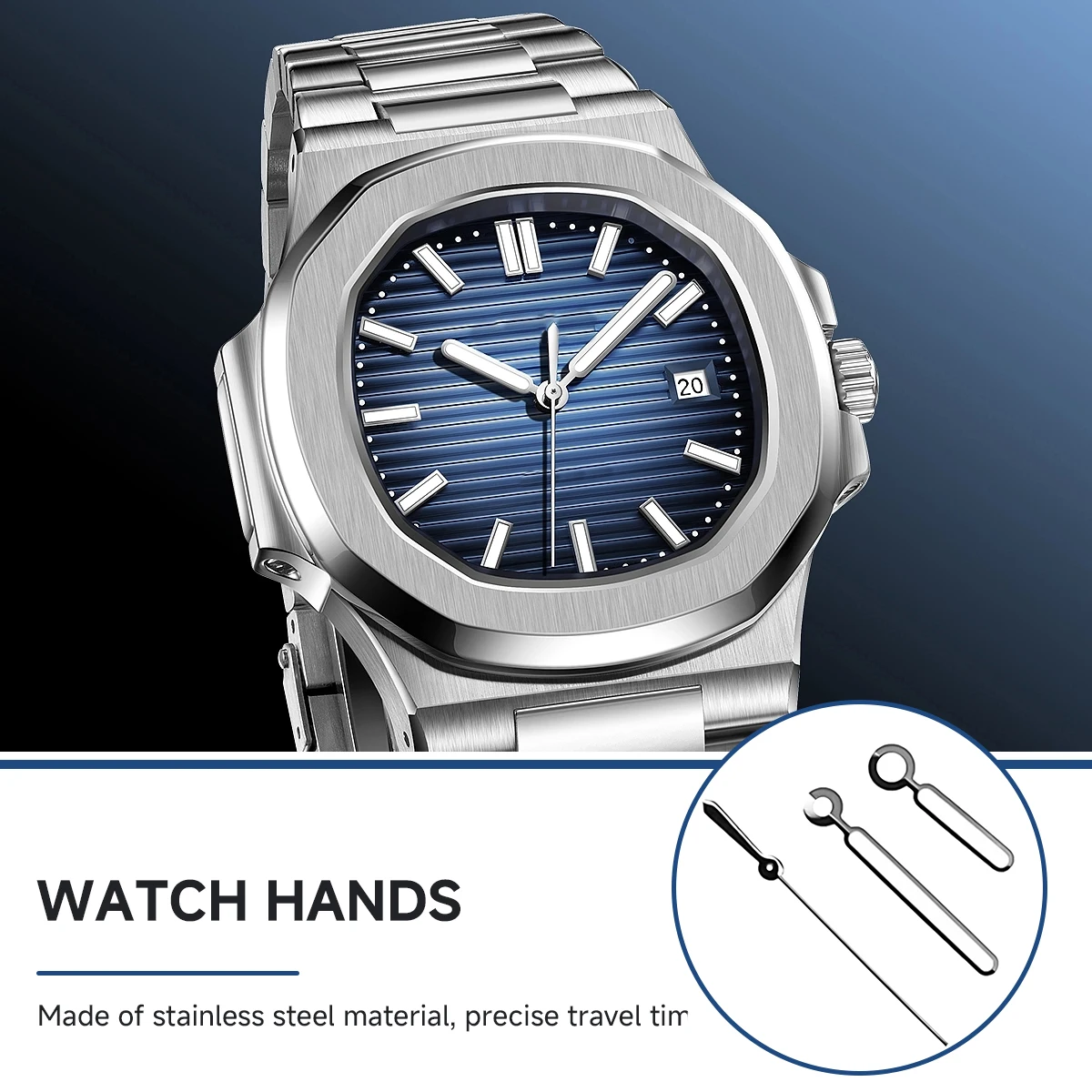 Wskazówki do zegarków NH35, niebieskie wskazówki z czarną krawędzią i zieloną lumą, do kwadratowych kopert, pasujące do mechanizmów NH35 NH36, do zegarków kwadratowych.