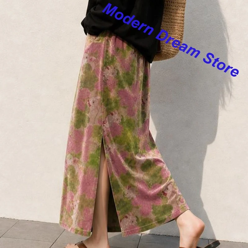 Chinese Temperament Pink Flower Velvet Beautiful Skirt Female Autumn and Winter New Fashion Retro High Waist Split Printed Skirt